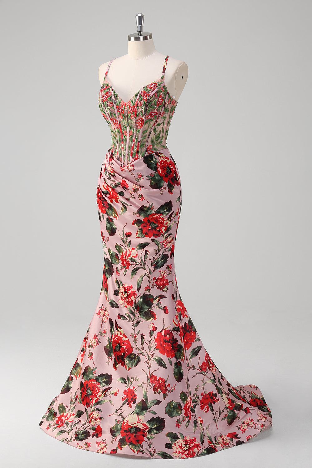 Blush Mermaid Spaghetti Straps Corset Floral Prom Dress - Fashionpara