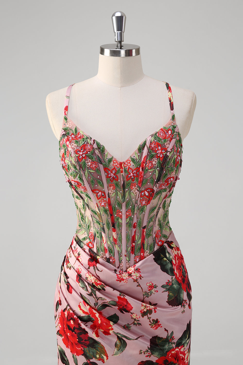 Blush Mermaid Spaghetti Straps Corset Floral Prom Dress - Fashionpara