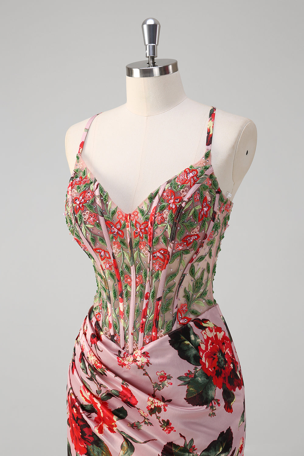 Blush Mermaid Spaghetti Straps Corset Floral Prom Dress - Fashionpara