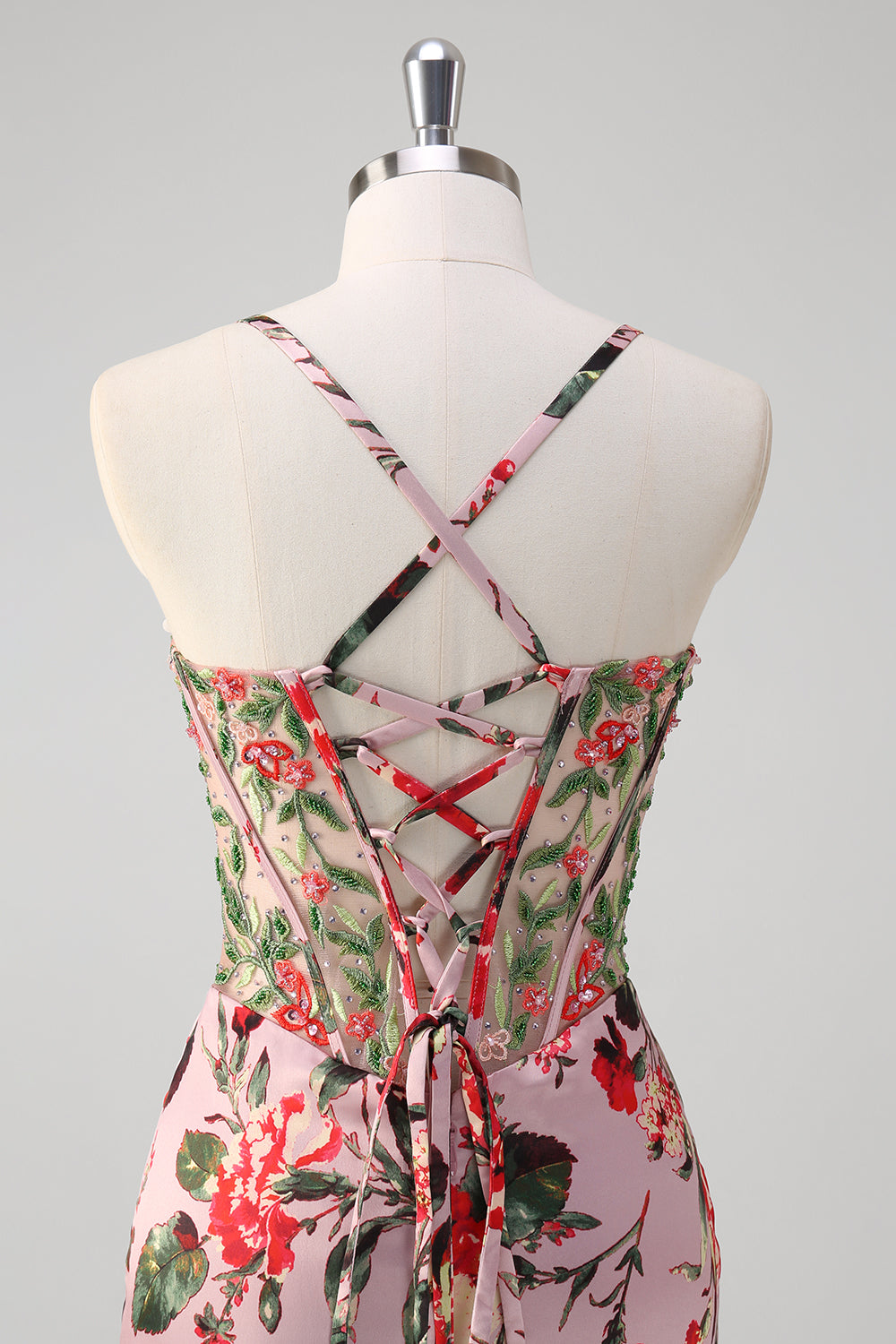 Blush Mermaid Spaghetti Straps Corset Floral Prom Dress - Fashionpara
