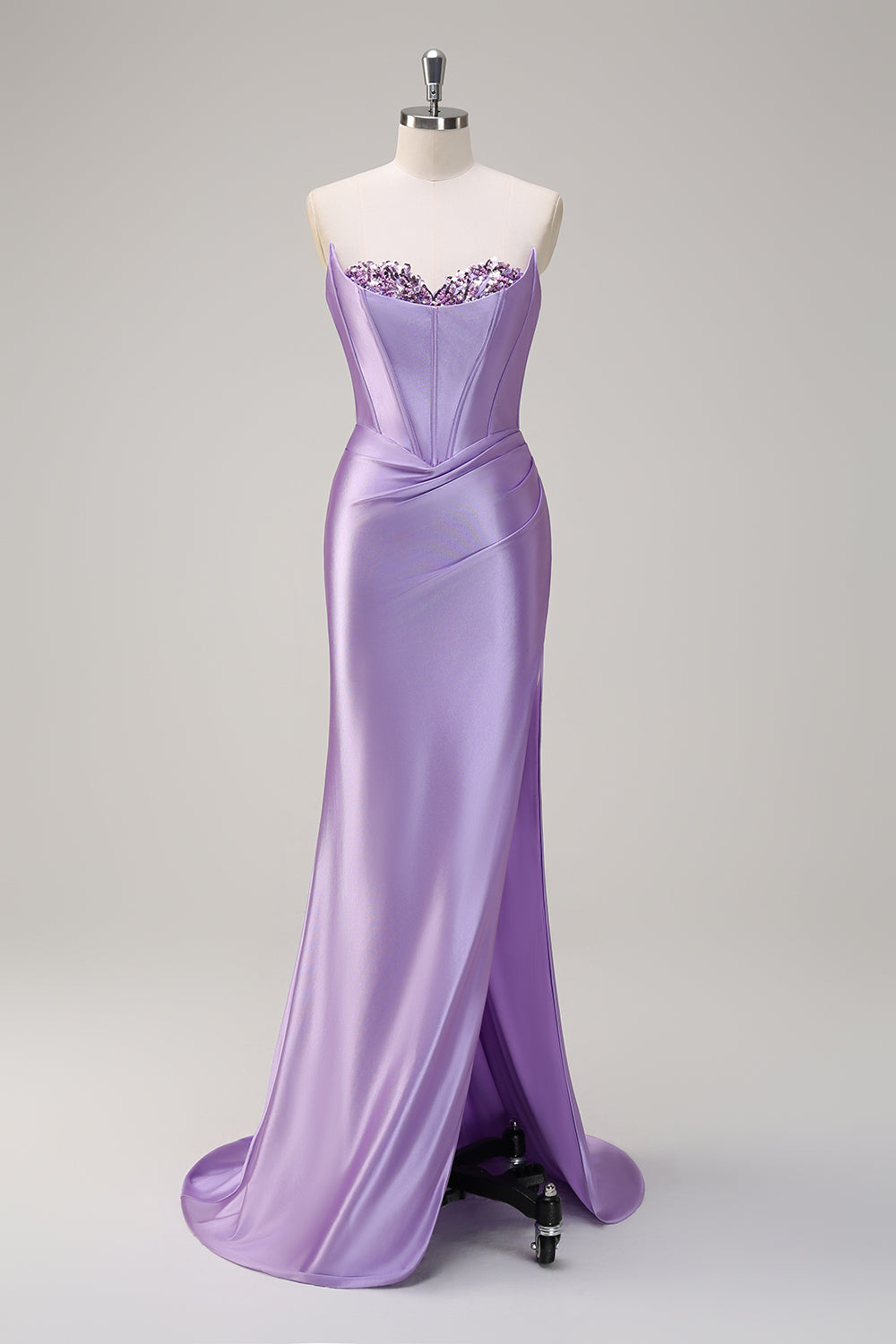 Sparkly Grey Green Mermaid Sequin Strapless Corset Satin Prom Dress with Slit