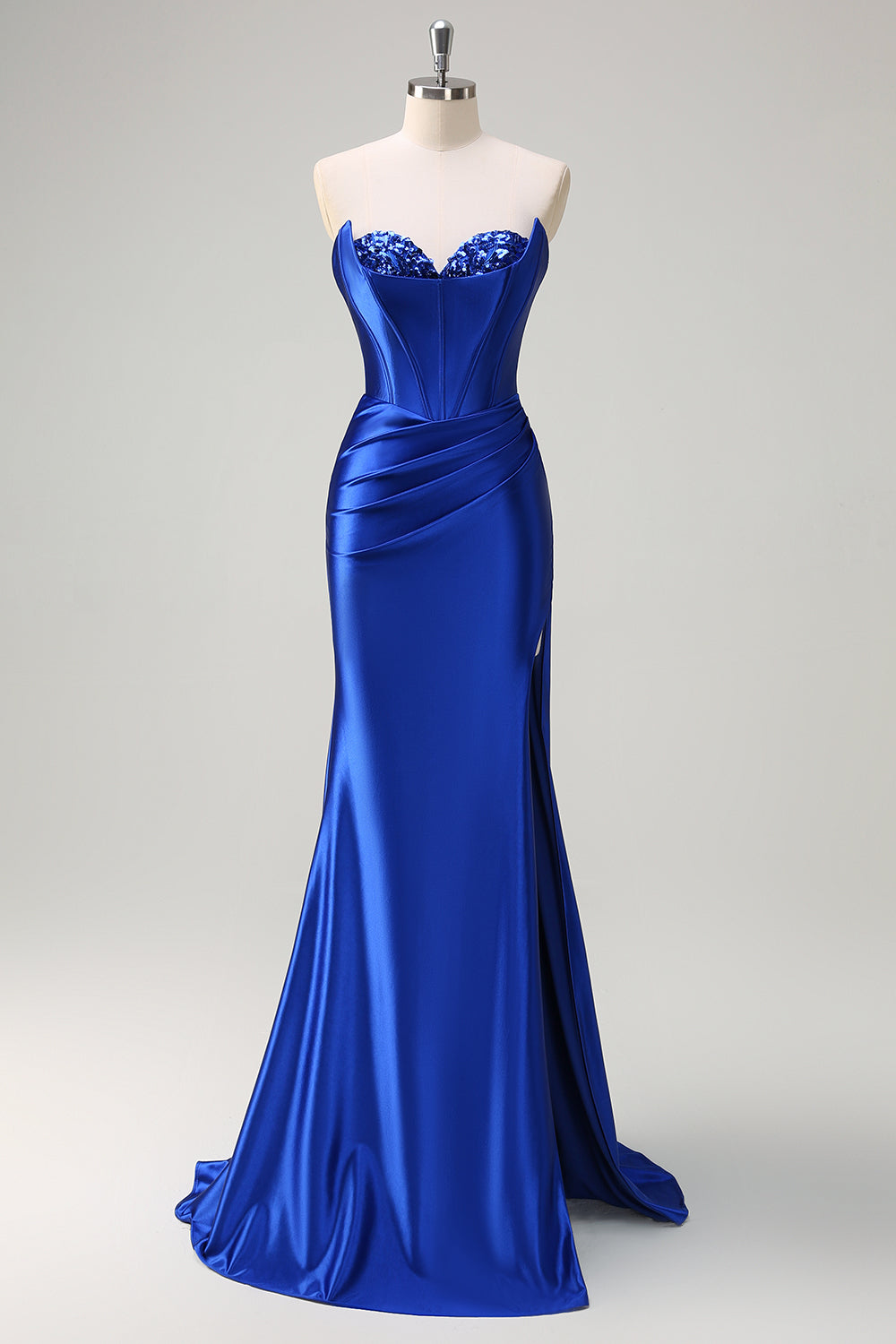 Sparkly Grey Green Mermaid Sequin Strapless Corset Satin Prom Dress with Slit