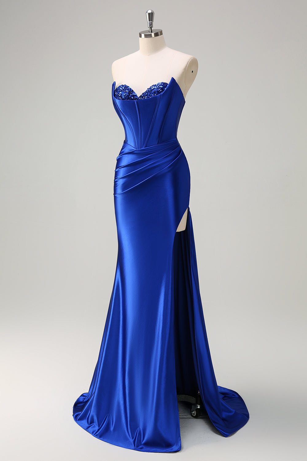 Sparkly Grey Green Mermaid Sequin Strapless Corset Satin Prom Dress with Slit