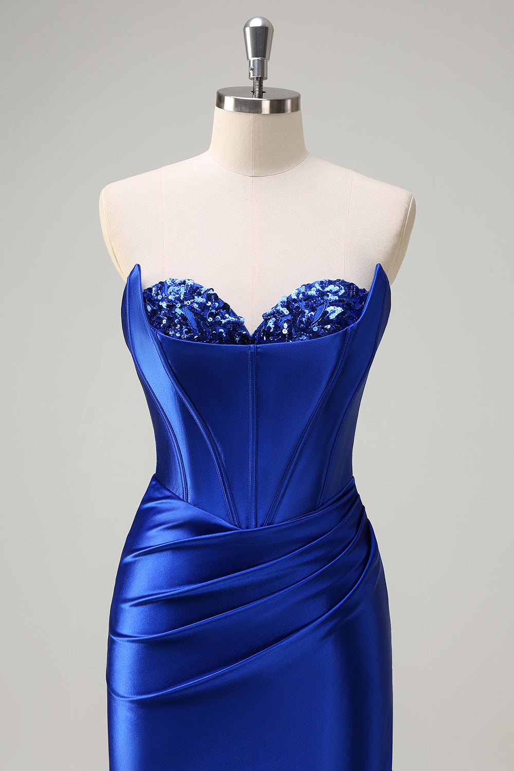 Sparkly Grey Green Mermaid Sequin Strapless Corset Satin Prom Dress with Slit