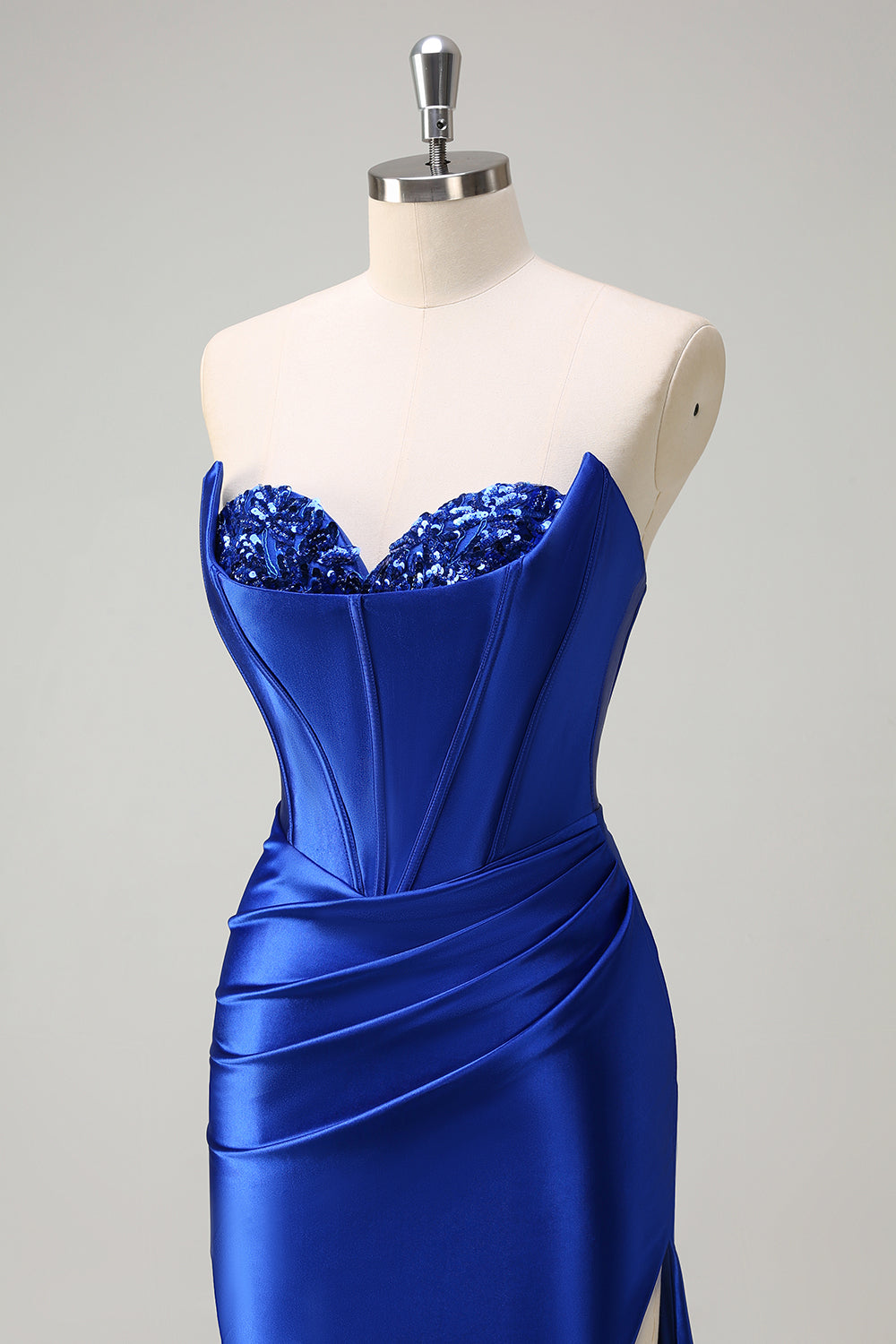 Sparkly Grey Green Mermaid Sequin Strapless Corset Satin Prom Dress with Slit
