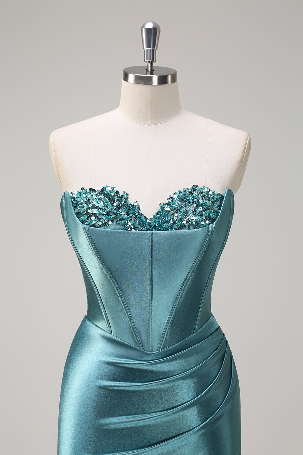 Sparkly Grey Green Mermaid Sequin Strapless Corset Satin Prom Dress with Slit