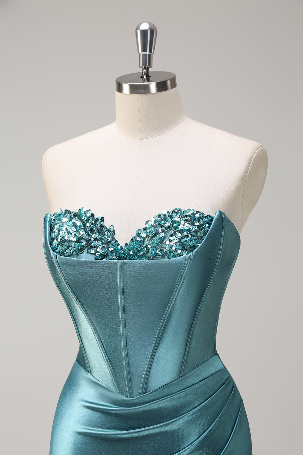 Sparkly Grey Green Mermaid Sequin Strapless Corset Satin Prom Dress with Slit