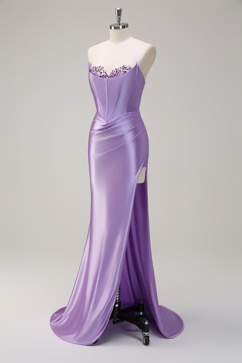 Sparkly Grey Green Mermaid Sequin Strapless Corset Satin Prom Dress with Slit