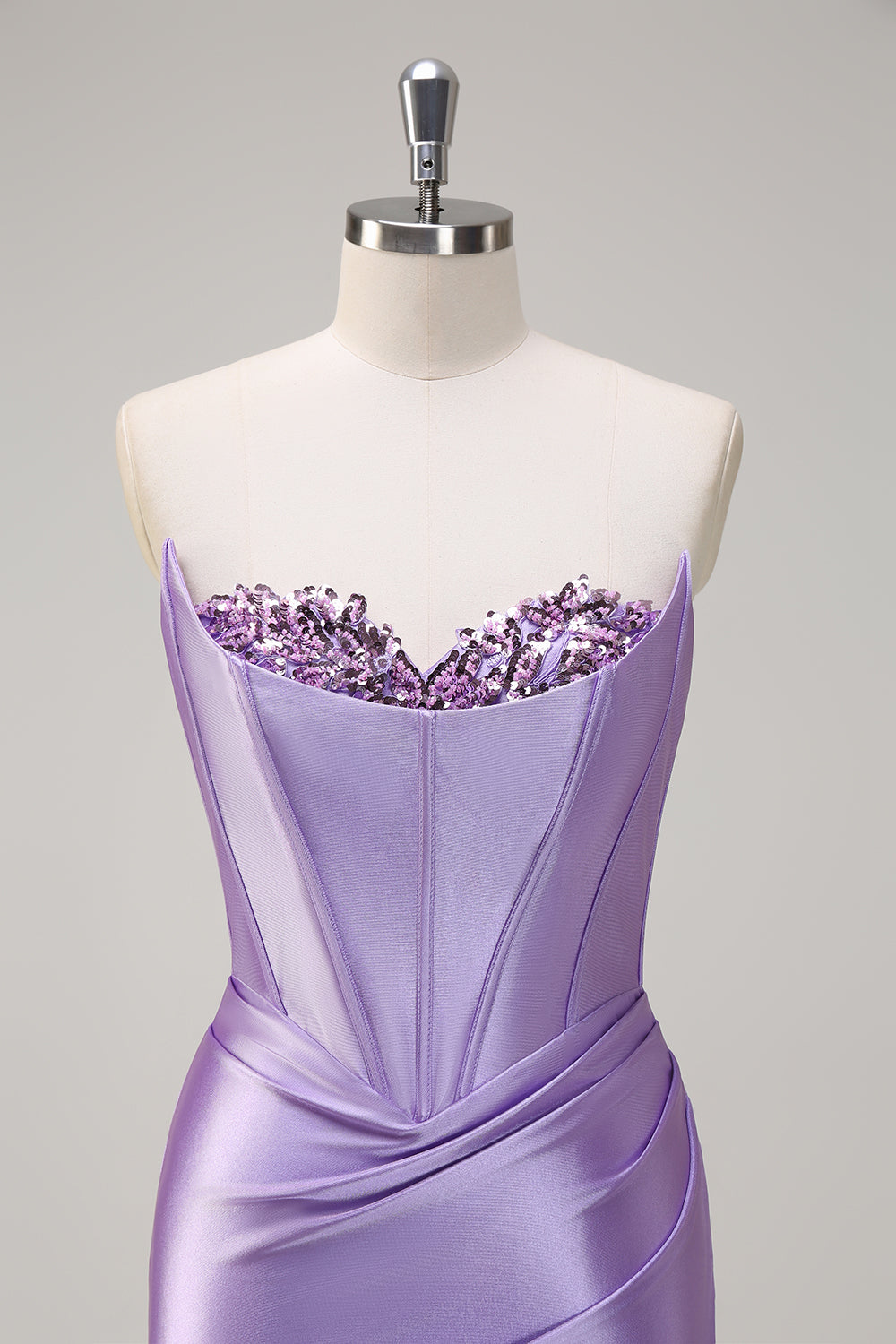 Sparkly Grey Green Mermaid Sequin Strapless Corset Satin Prom Dress with Slit