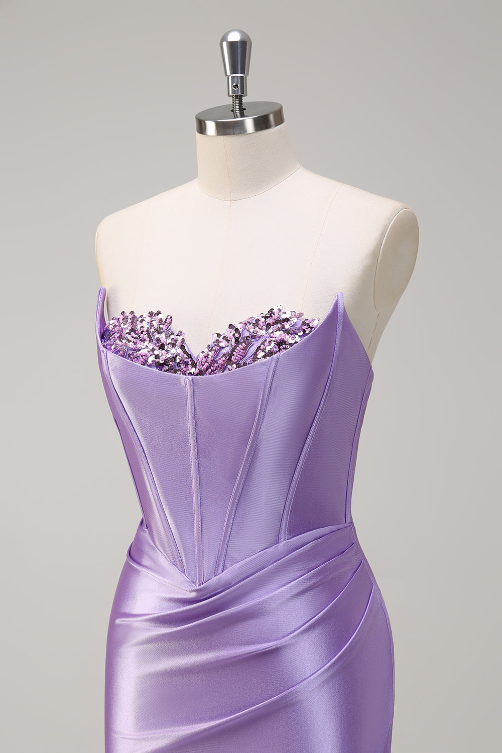 Sparkly Grey Green Mermaid Sequin Strapless Corset Satin Prom Dress with Slit