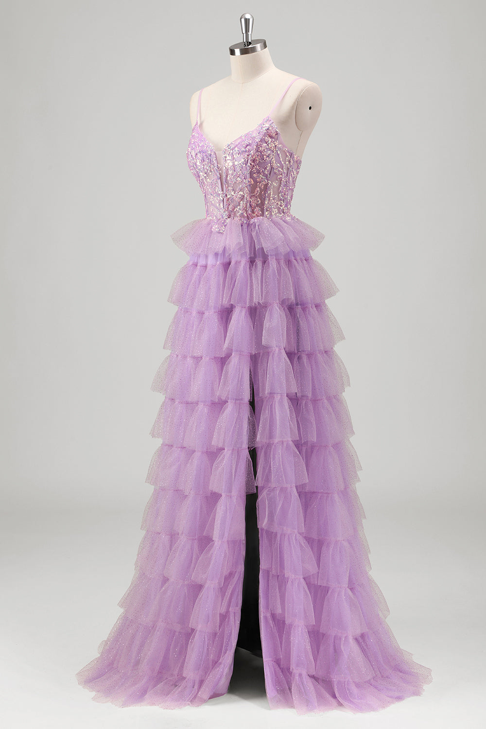 Sparkly A Line Tiered Lilac Sequins Prom Dress with Slit