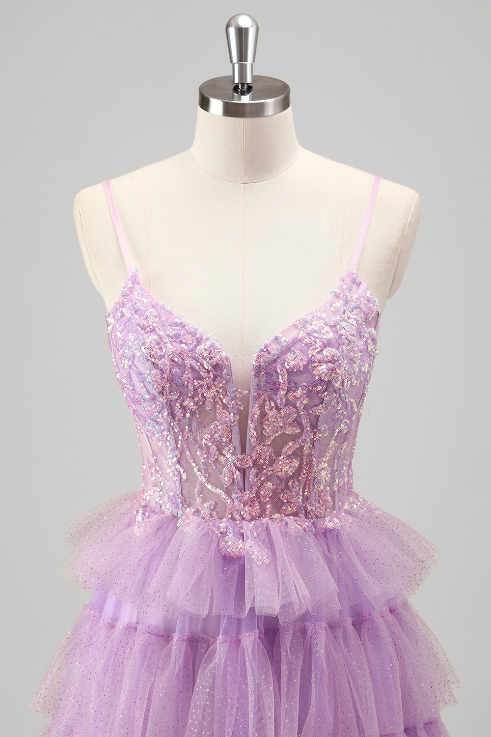 Sparkly A Line Tiered Lilac Sequins Prom Dress with Slit
