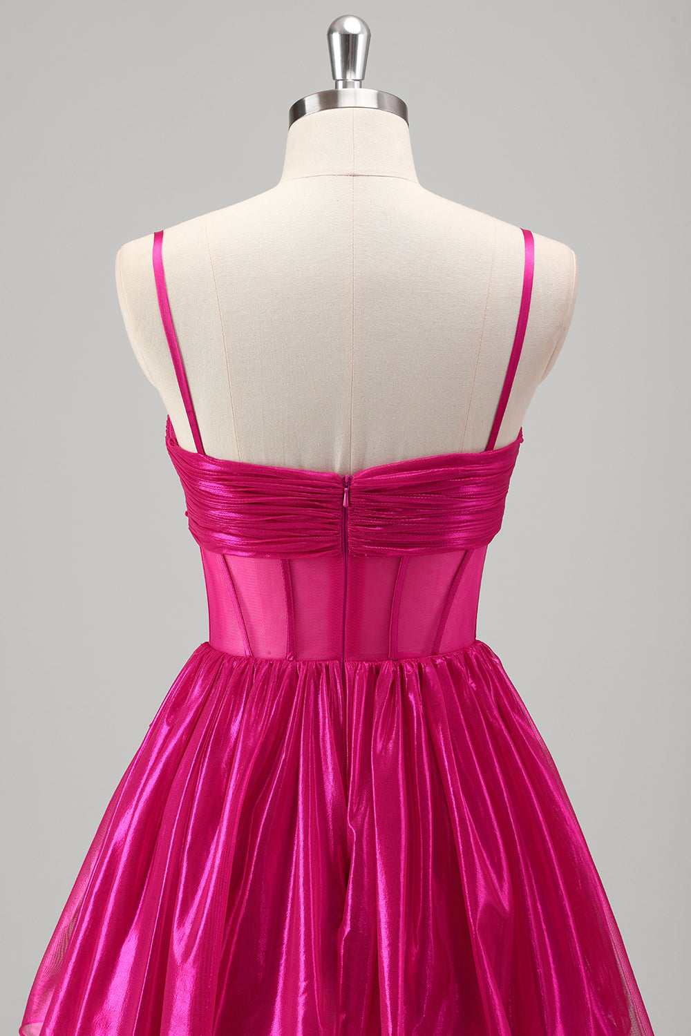 Sparkly A Line Fuchsia Corset Tiered Spaghetti Straps Metallic Prom Dress