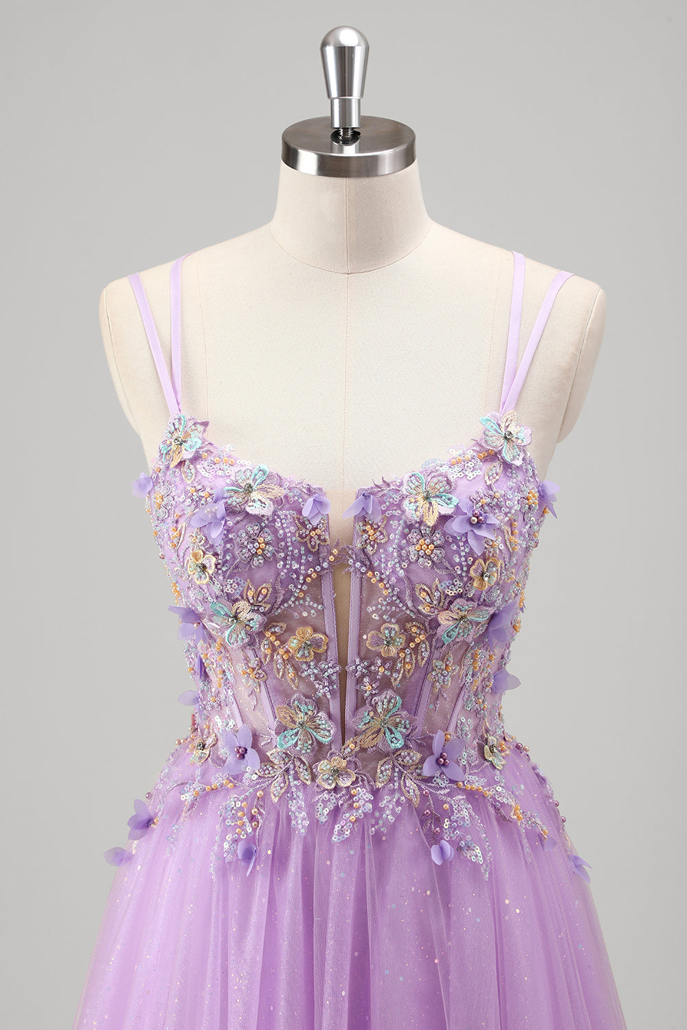 Sparkly Beaded Lilac Floral Appliques Corset Prom Dress