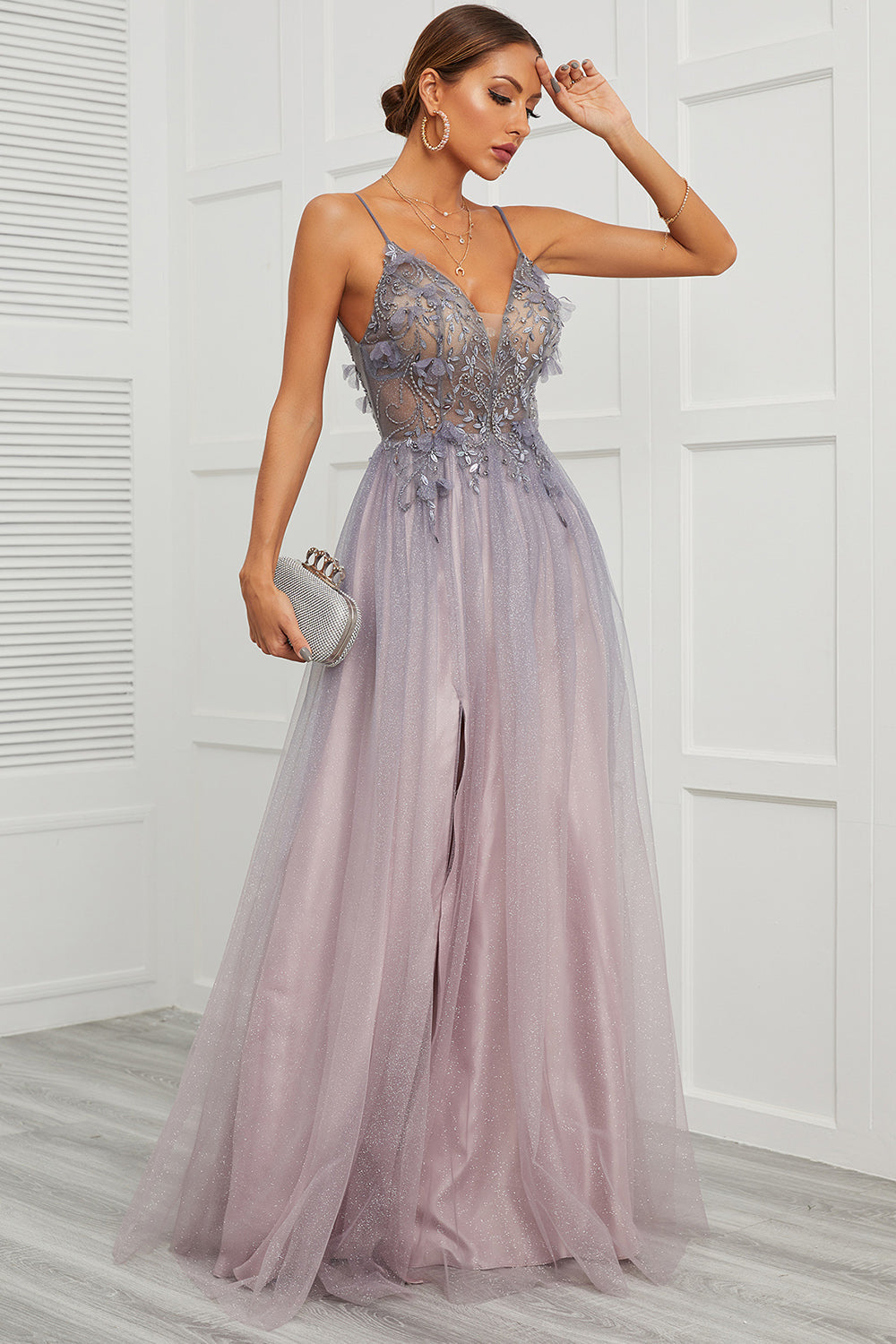 Spaghetti Straps Appliques Long Prom Dress with Split Front - Fashionpara