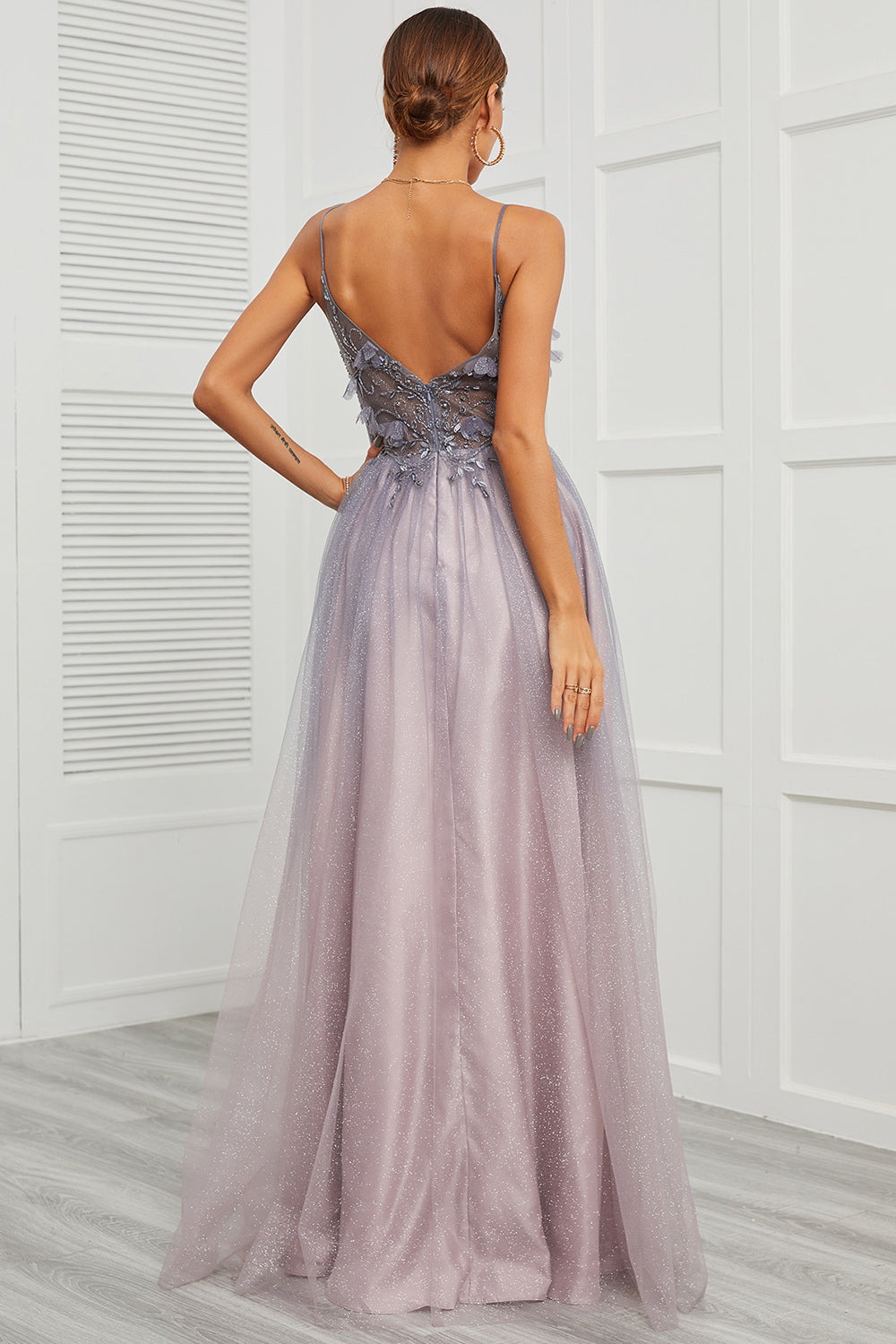 Spaghetti Straps Appliques Long Prom Dress with Split Front - Fashionpara