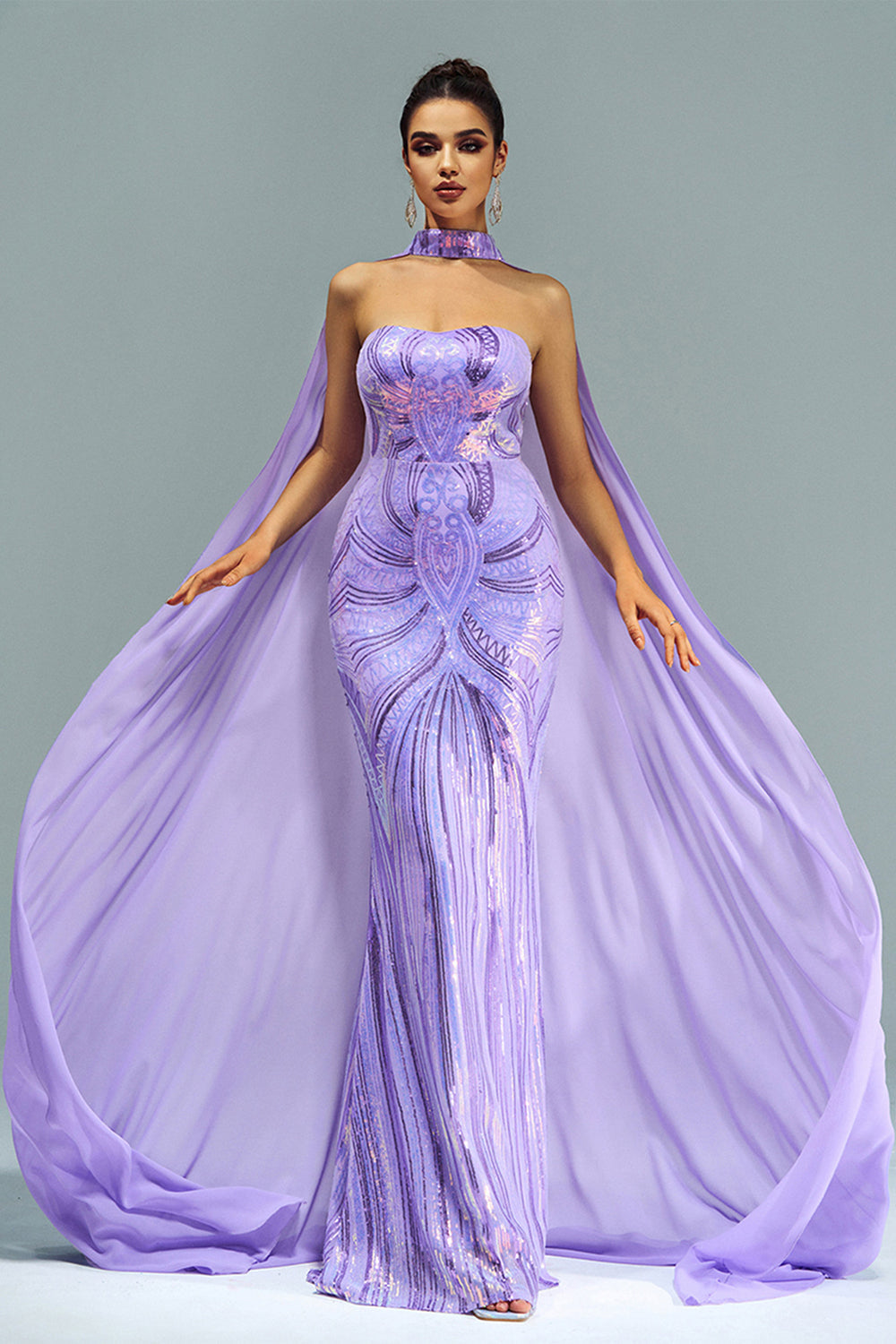 Green Sparkly Sequined Mermaid Evening Dress with Long Wrap - Fashionpara