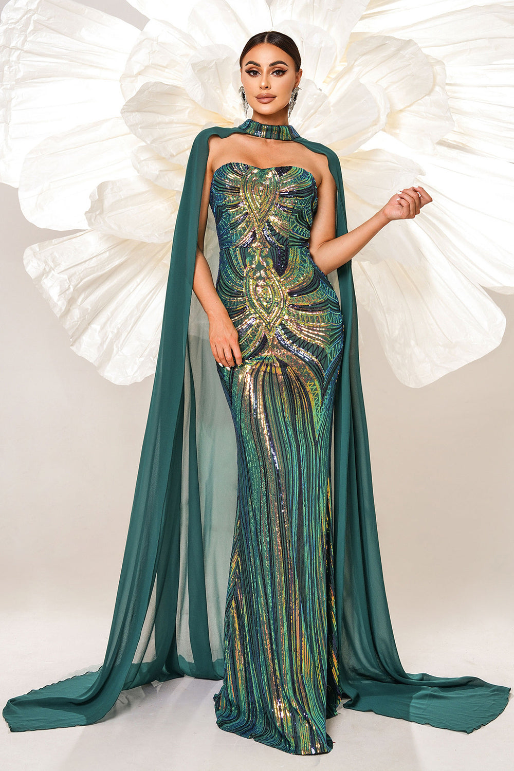 Green Sparkly Sequined Mermaid Evening Dress with Long Wrap - Fashionpara