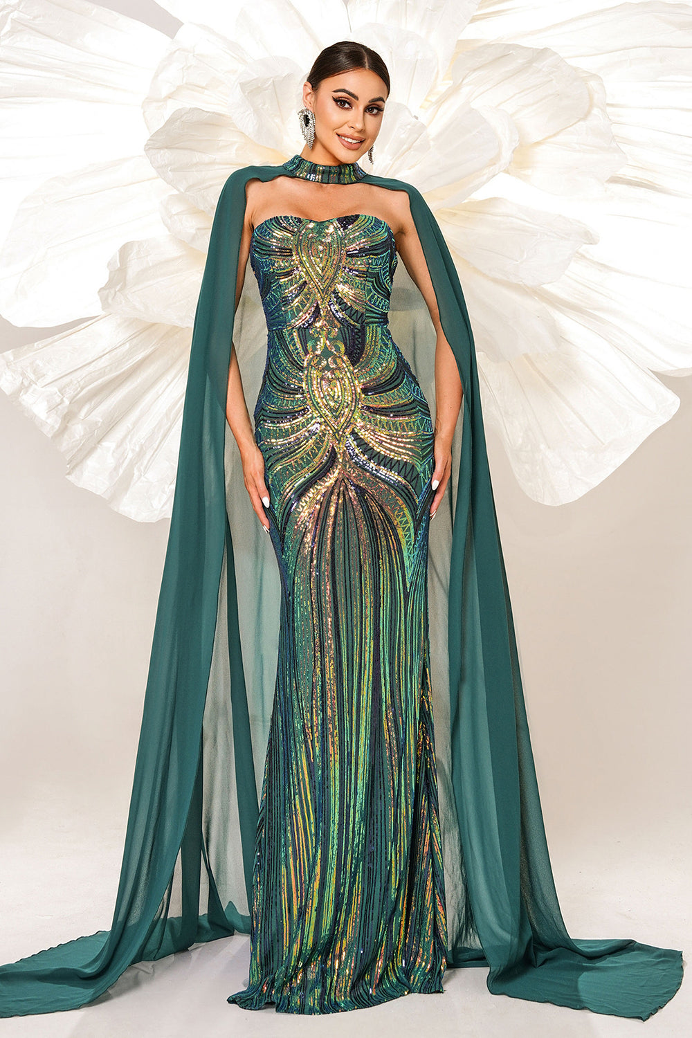 Green Sparkly Sequined Mermaid Evening Dress with Long Wrap - Fashionpara
