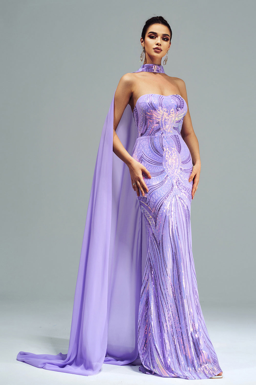 Green Sparkly Sequined Mermaid Evening Dress with Long Wrap - Fashionpara