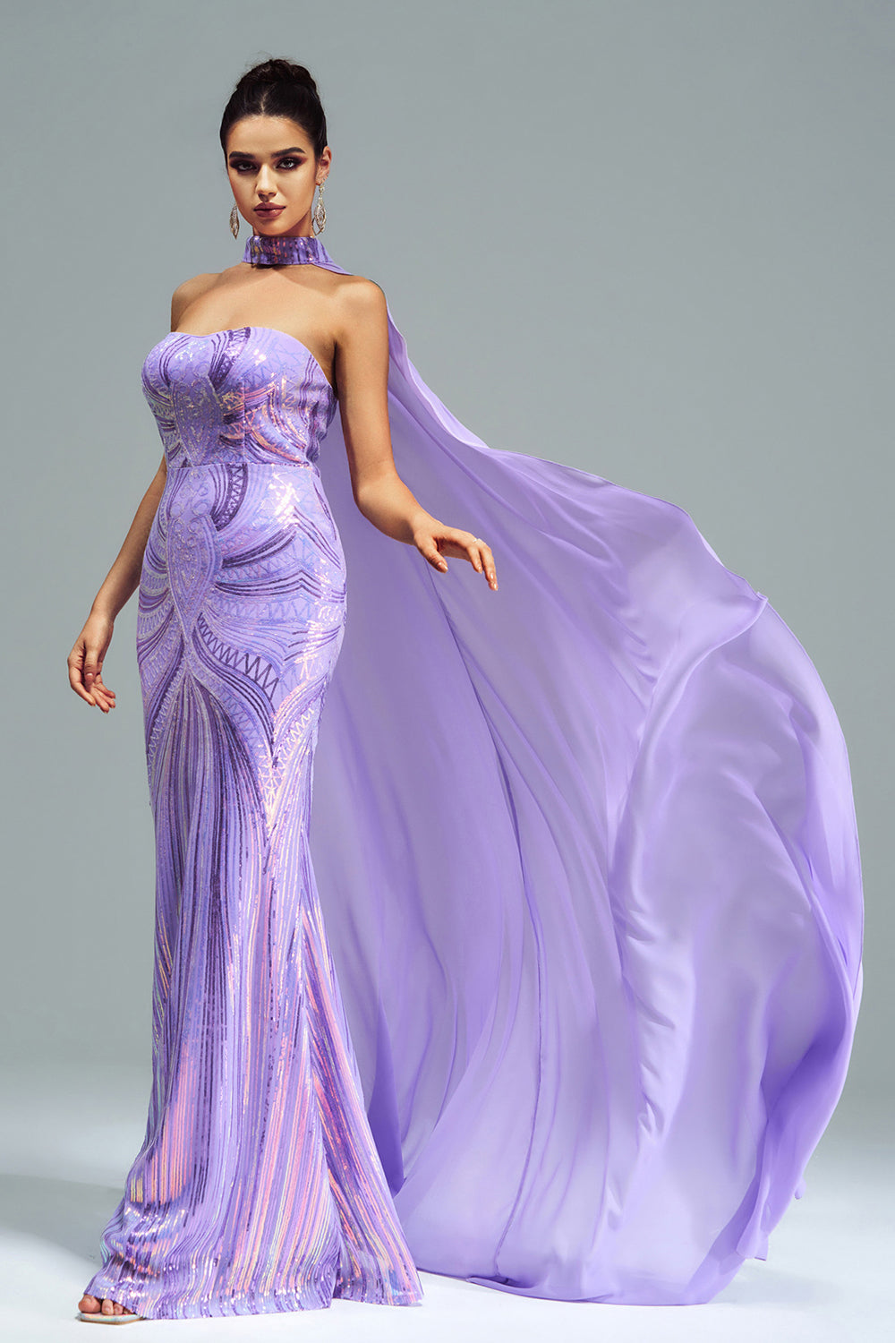 Green Sparkly Sequined Mermaid Evening Dress with Long Wrap - Fashionpara