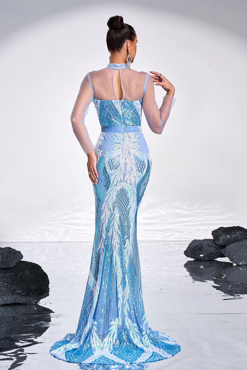 Ligth Blue Mermaid Printed Illusion Sleeves Prom Dress - Fashionpara