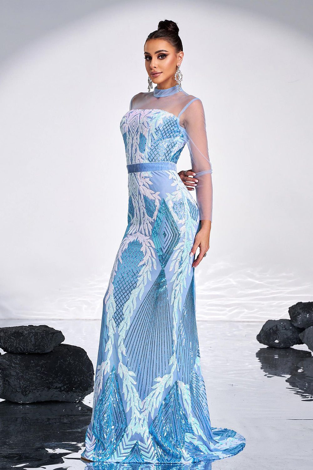 Ligth Blue Mermaid Printed Illusion Sleeves Prom Dress - Fashionpara
