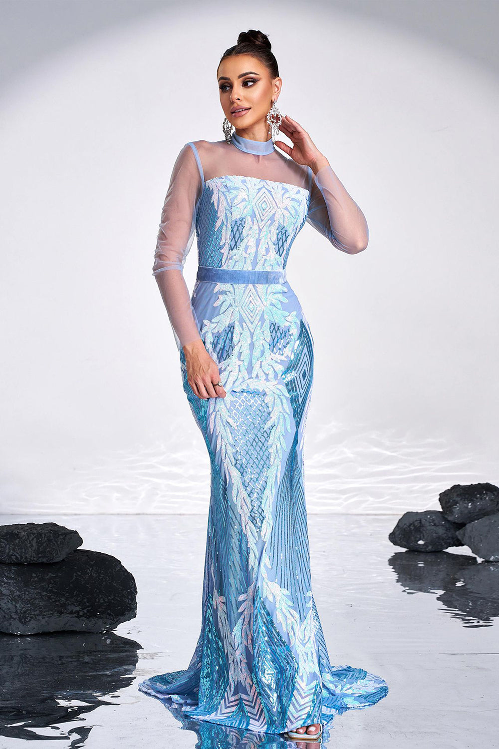 Ligth Blue Mermaid Printed Illusion Sleeves Prom Dress - Fashionpara