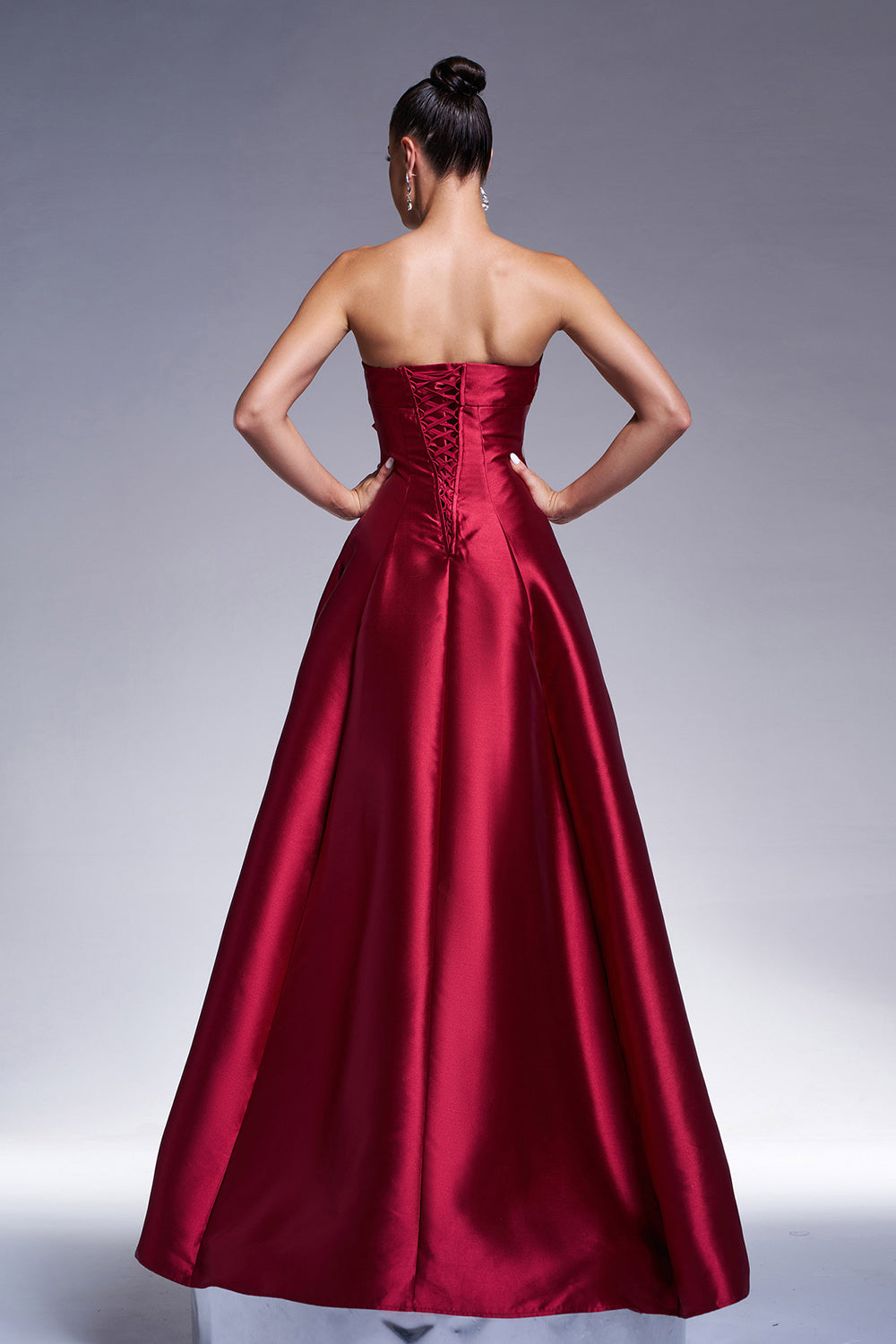 Burgundy A-Line Strapless Satin Prom Dress with Bow - Fashionpara