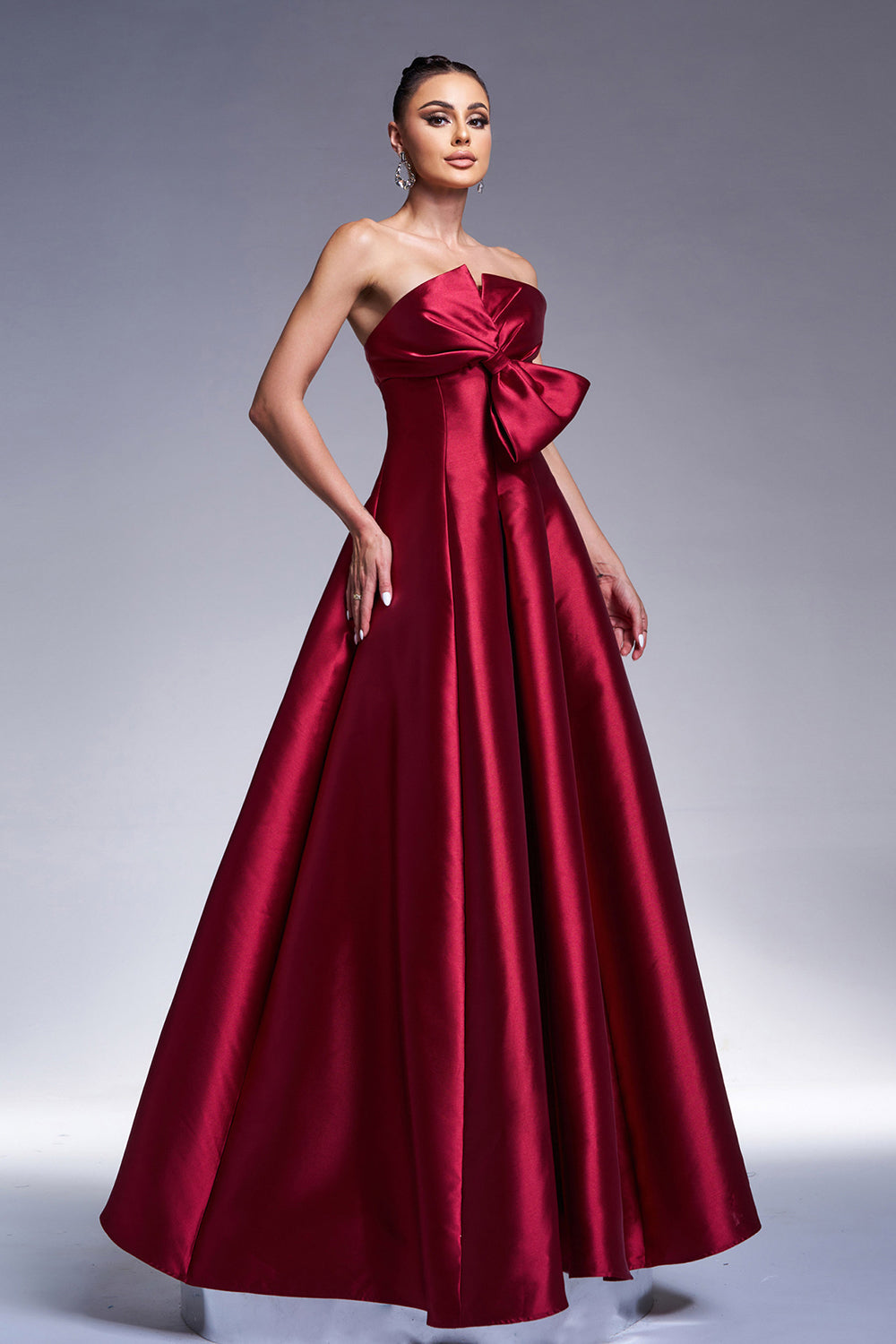 Burgundy A-Line Strapless Satin Prom Dress with Bow - Fashionpara