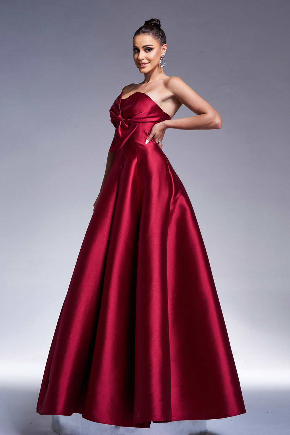 Burgundy A-Line Strapless Satin Prom Dress with Bow - Fashionpara