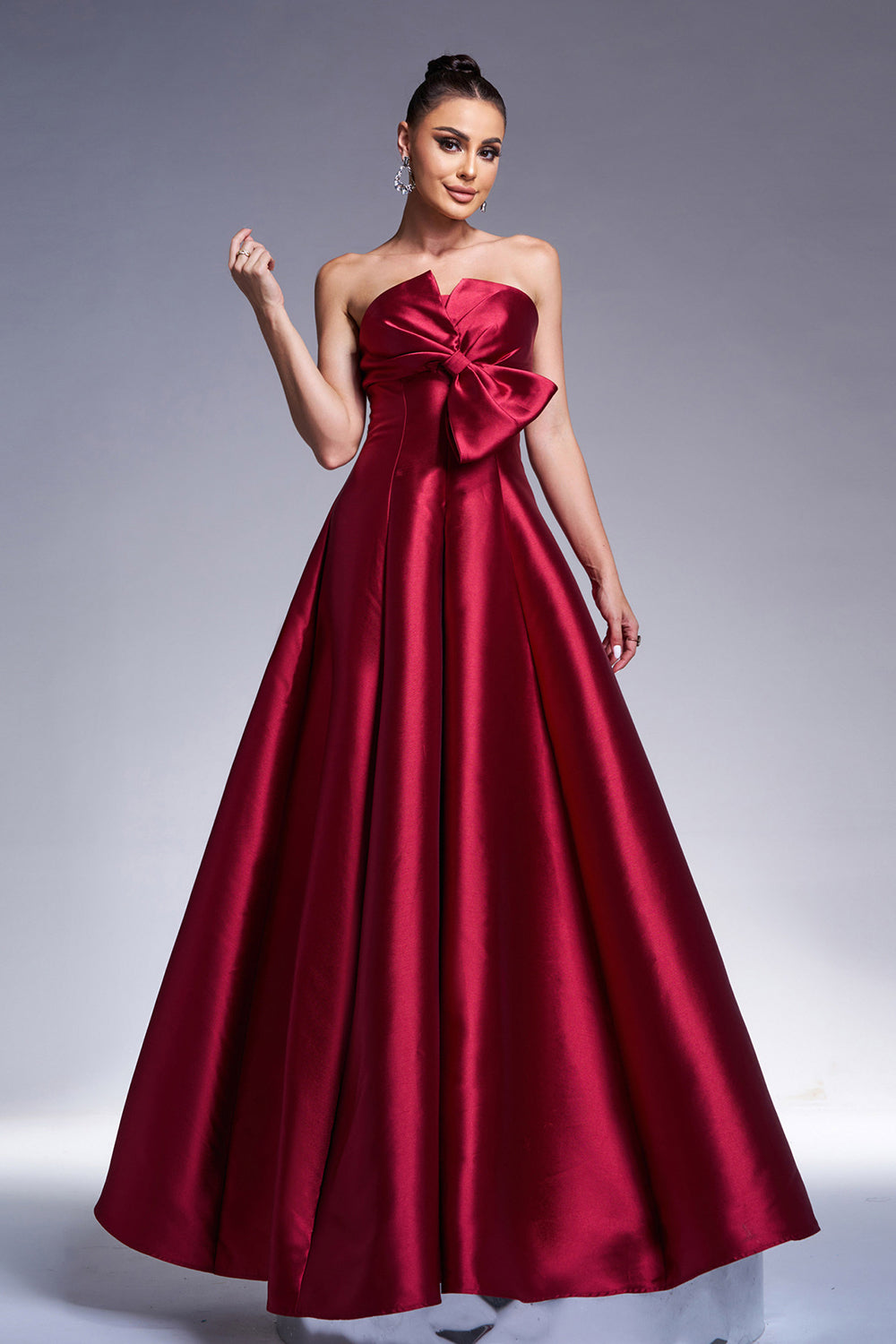 Burgundy A-Line Strapless Satin Prom Dress with Bow - Fashionpara