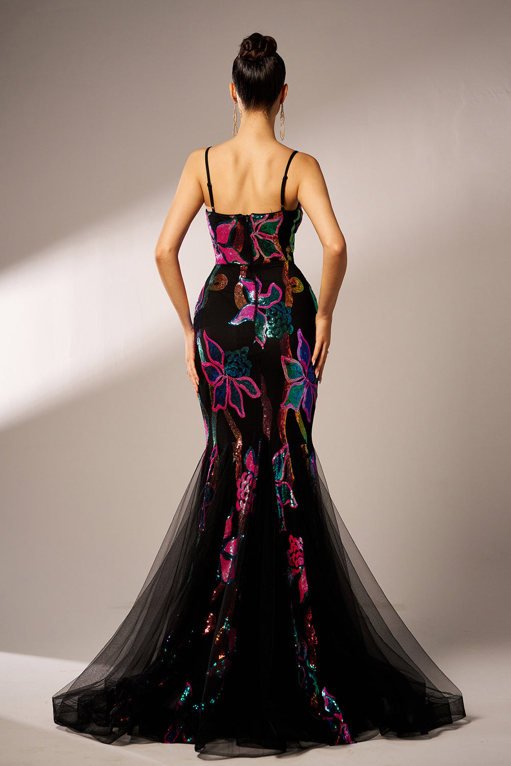 Sparkly Floral Black Mermaid Spaghetti Straps Tulle Prom Dress - Fashionpara