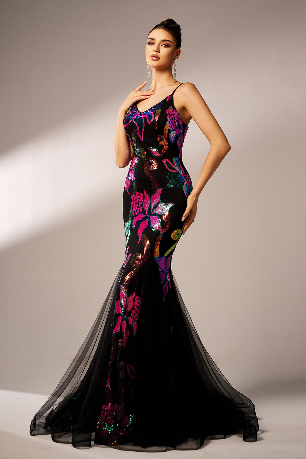 Sparkly Floral Black Mermaid Spaghetti Straps Tulle Prom Dress - Fashionpara