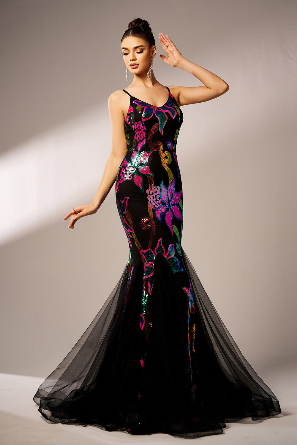 Sparkly Floral Black Mermaid Spaghetti Straps Tulle Prom Dress - Fashionpara