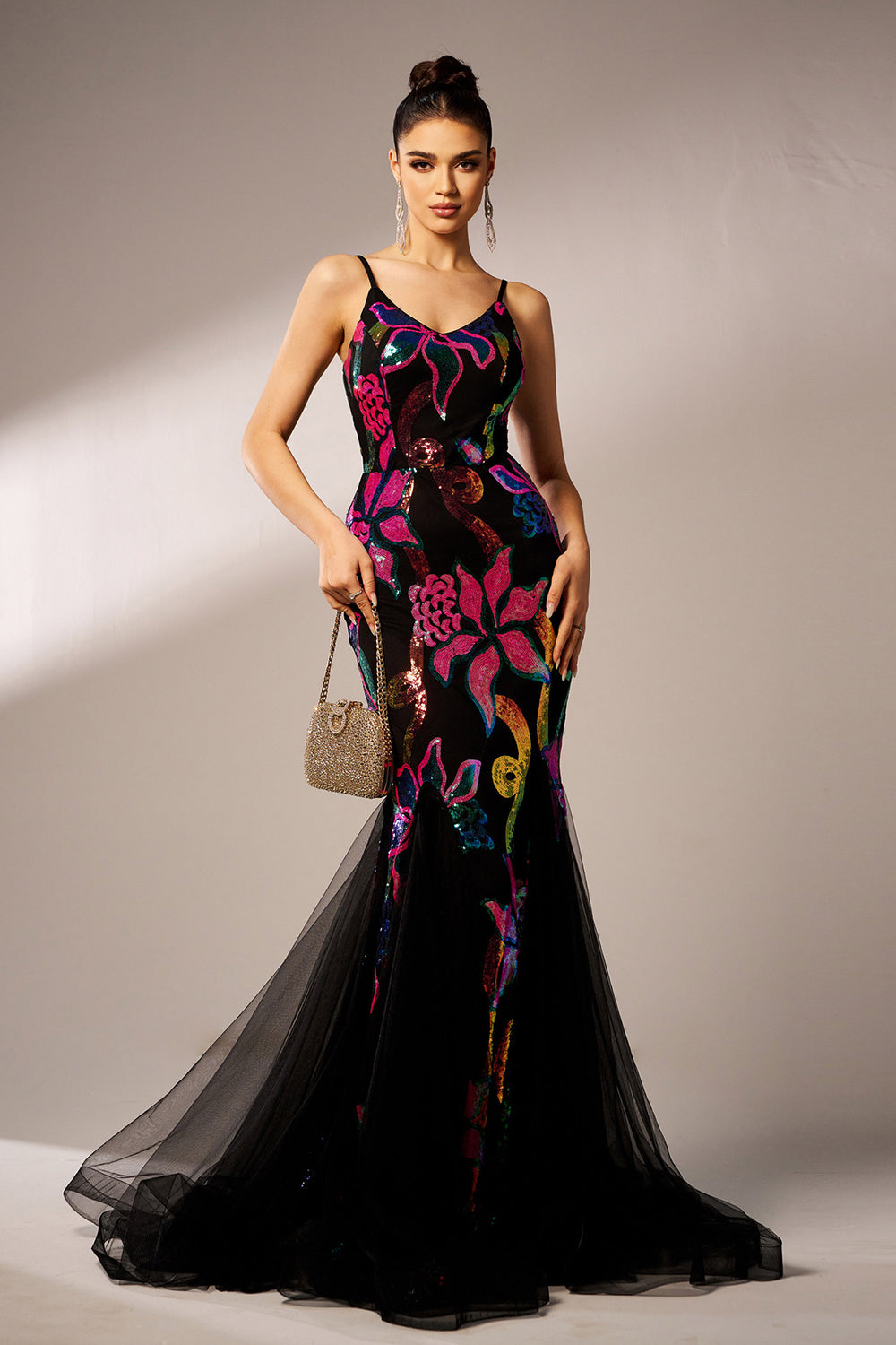 Sparkly Floral Black Mermaid Spaghetti Straps Tulle Prom Dress - Fashionpara