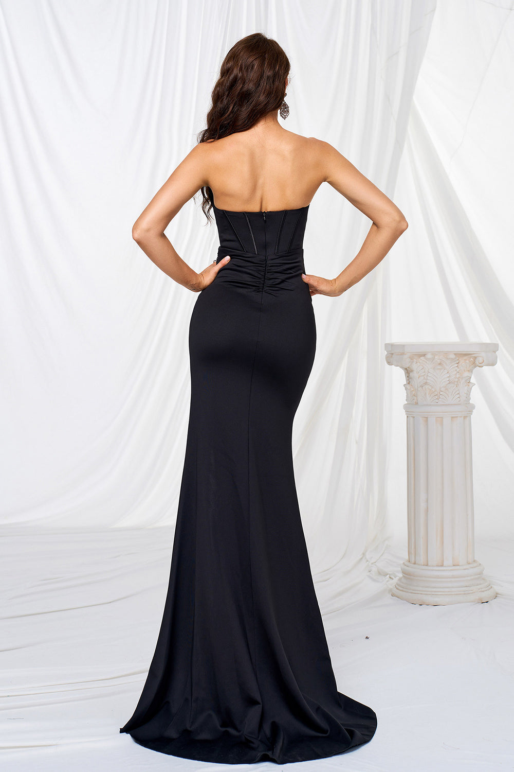 Black Mermaid Strapless Corset Hollow Out Prom Dress with Slit - Fashionpara