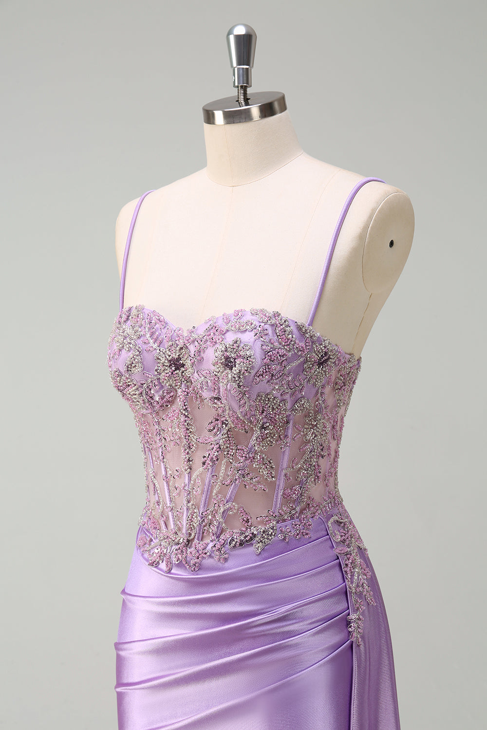 Sparkly Purple Mermaid Watteau Train Sheer Ruched Corset Long Prom Dress with Slit