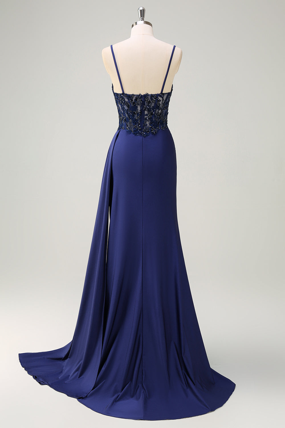Navy Blue Mermaid Spaghetti Straps Ruched Streamer Long Prom Dress with Lace
