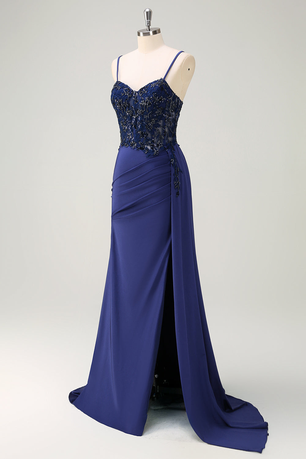 Navy Blue Mermaid Spaghetti Straps Ruched Streamer Long Prom Dress with Lace
