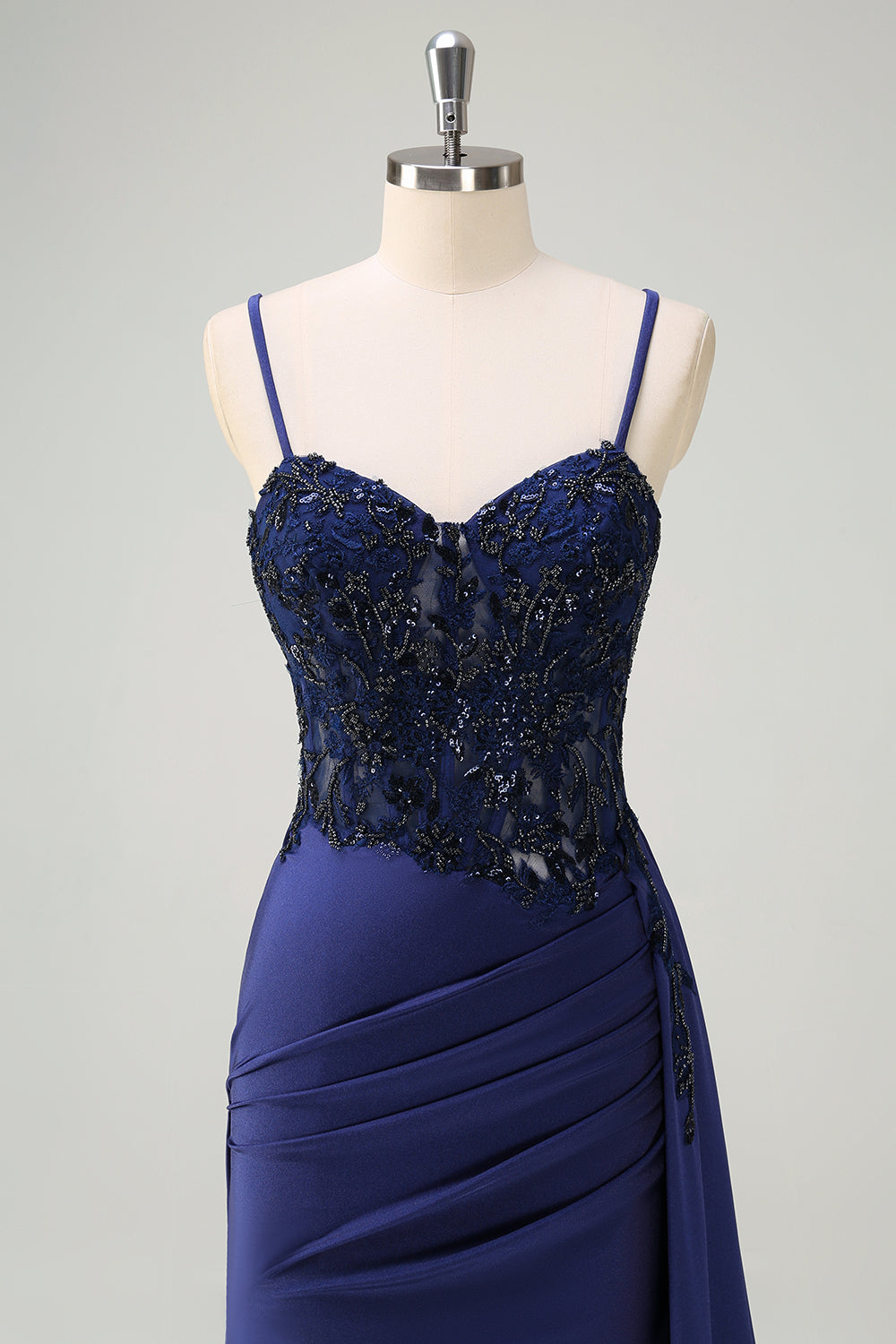 Navy Blue Mermaid Spaghetti Straps Ruched Streamer Long Prom Dress with Lace