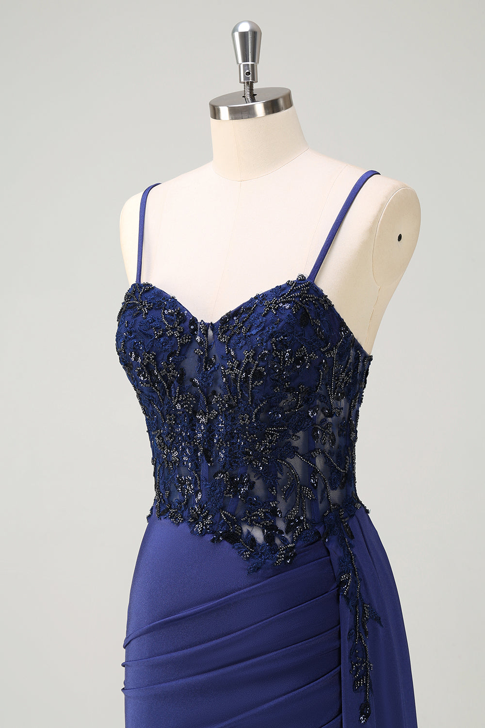 Navy Blue Mermaid Spaghetti Straps Ruched Streamer Long Prom Dress with Lace
