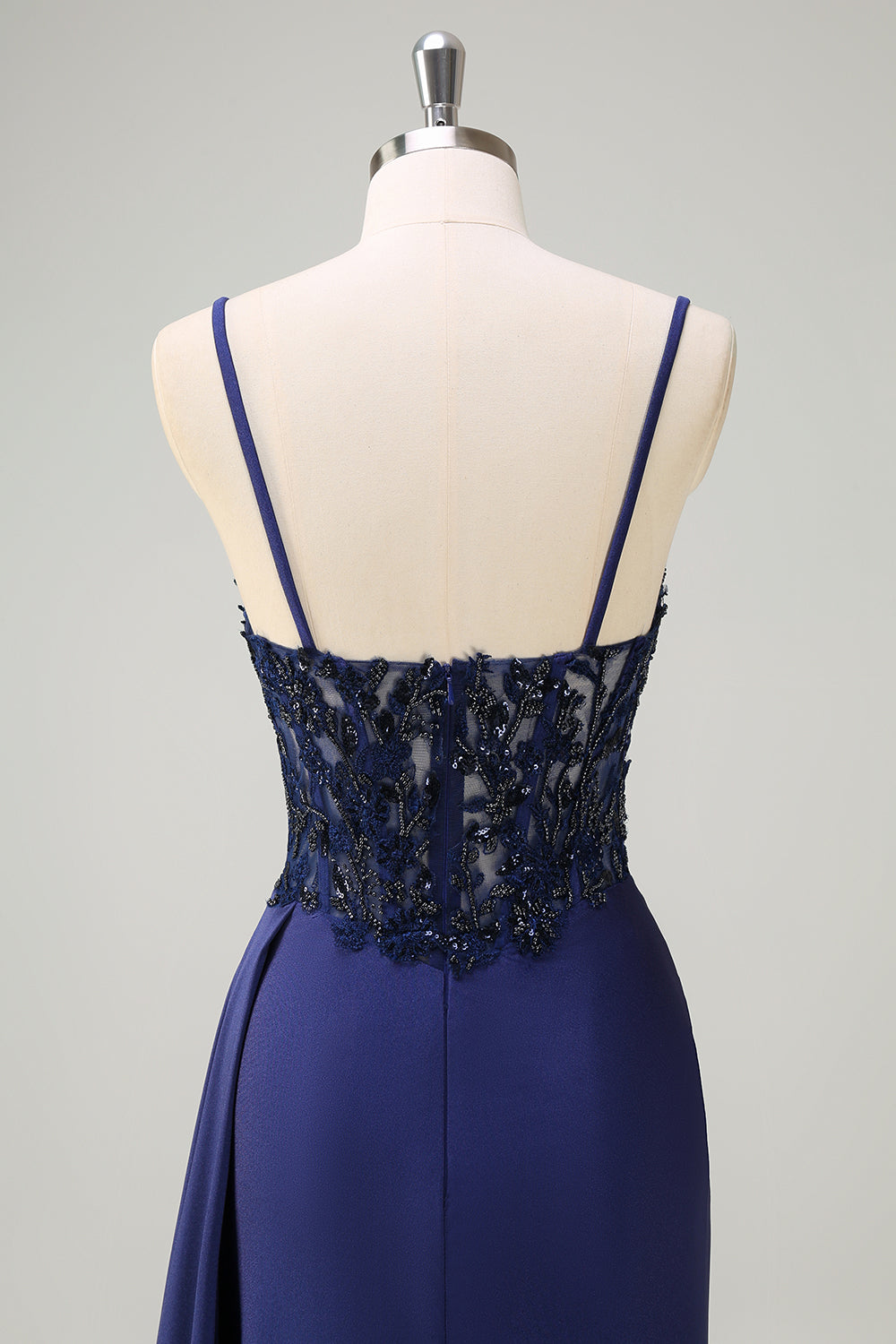 Navy Blue Mermaid Spaghetti Straps Ruched Streamer Long Prom Dress with Lace