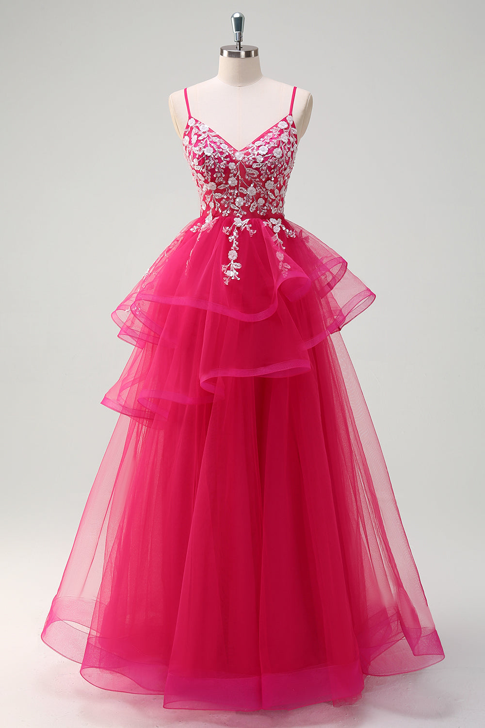 Grey Pink A-Line Spiral Ruffle Tiered Long Corset Prom Dress with Appliques
