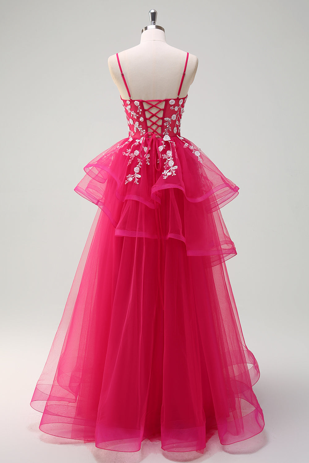 Grey Pink A-Line Spiral Ruffle Tiered Long Corset Prom Dress with Appliques