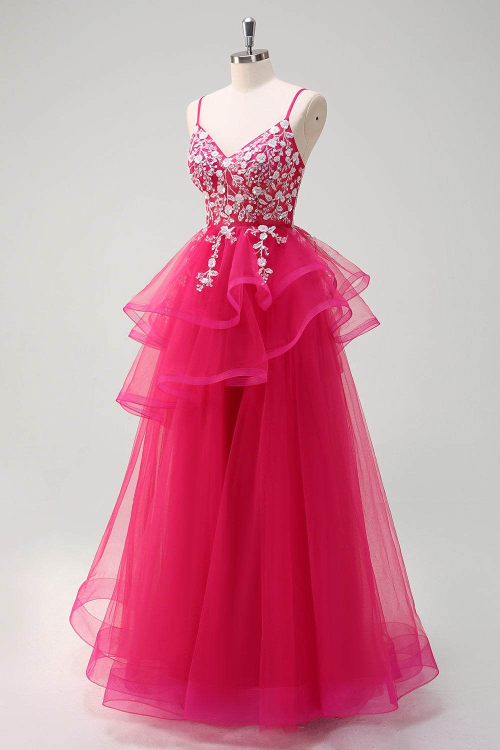 Grey Pink A-Line Spiral Ruffle Tiered Long Corset Prom Dress with Appliques