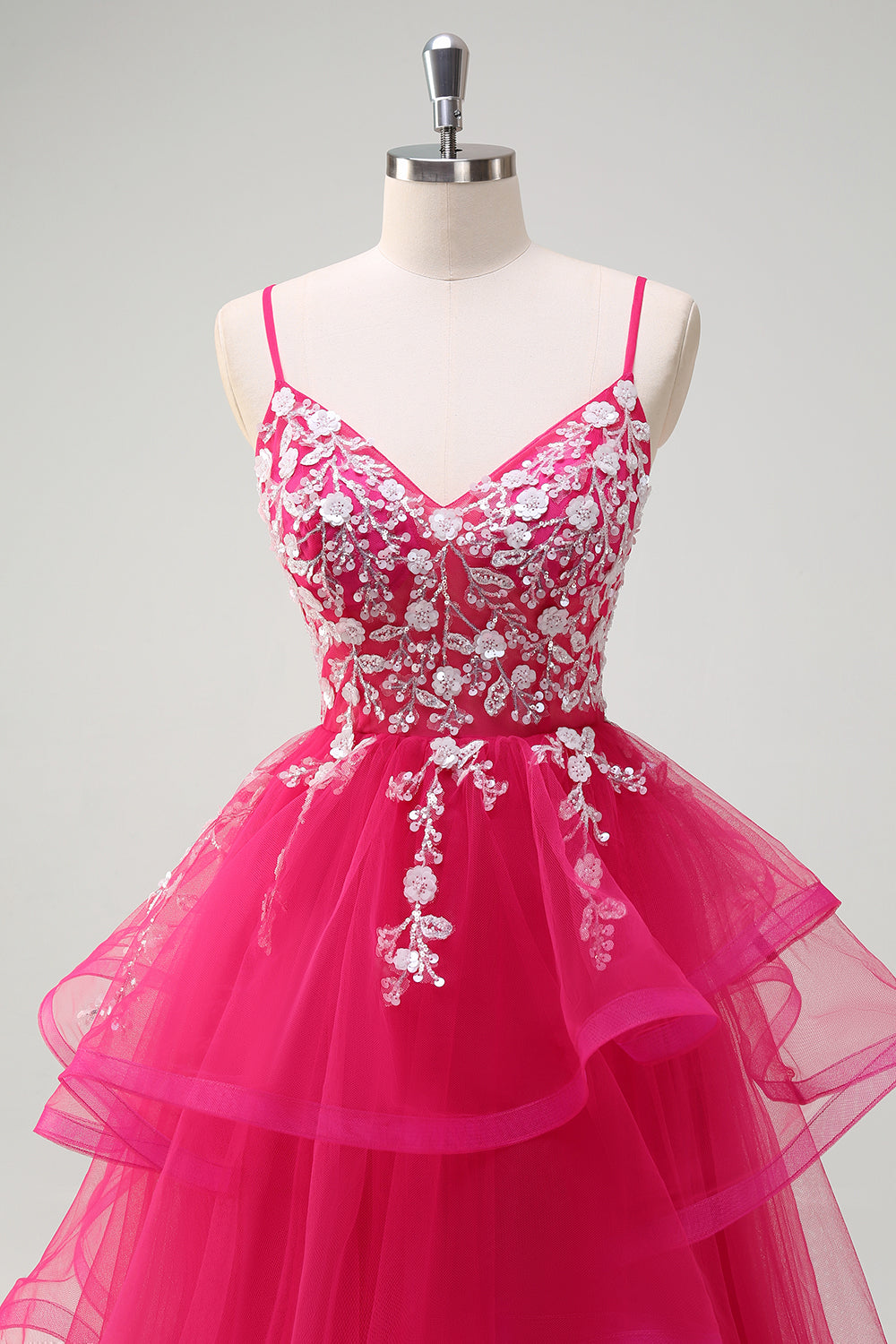 Grey Pink A-Line Spiral Ruffle Tiered Long Corset Prom Dress with Appliques