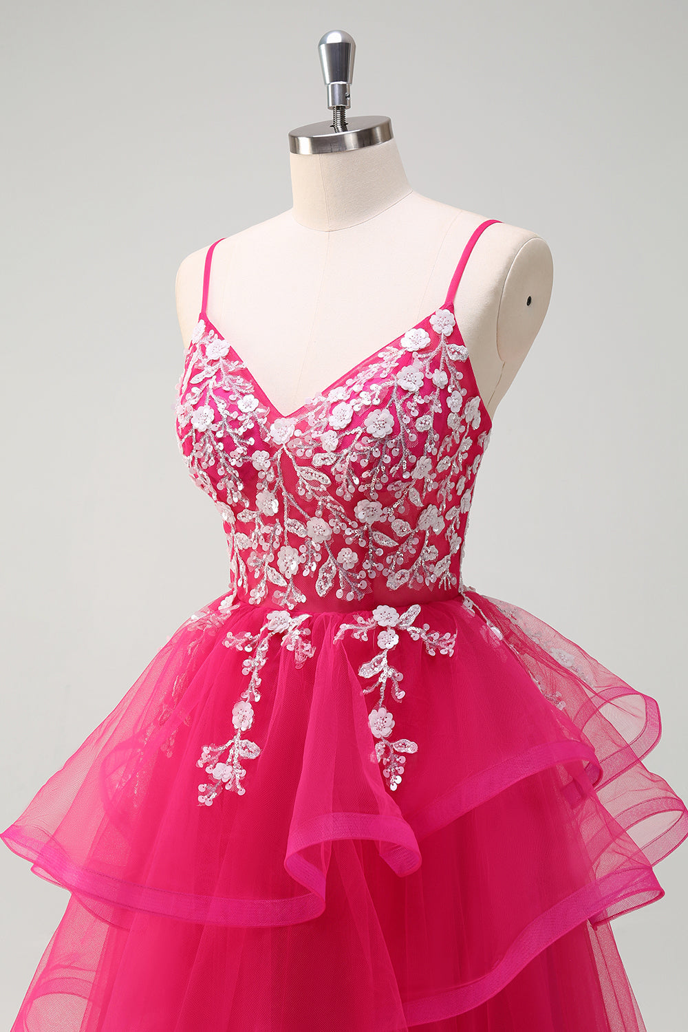 Grey Pink A-Line Spiral Ruffle Tiered Long Corset Prom Dress with Appliques