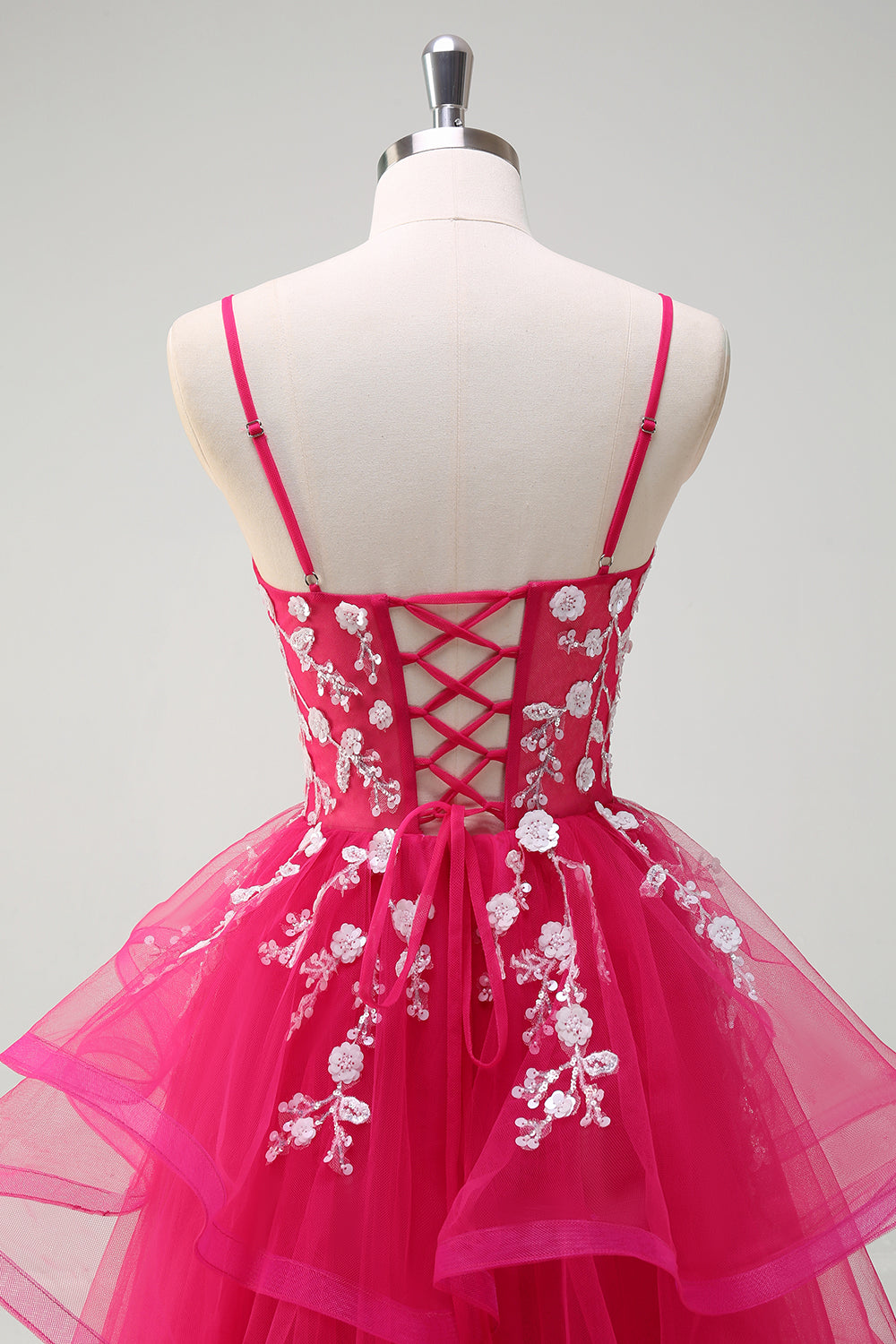 Grey Pink A-Line Spiral Ruffle Tiered Long Corset Prom Dress with Appliques