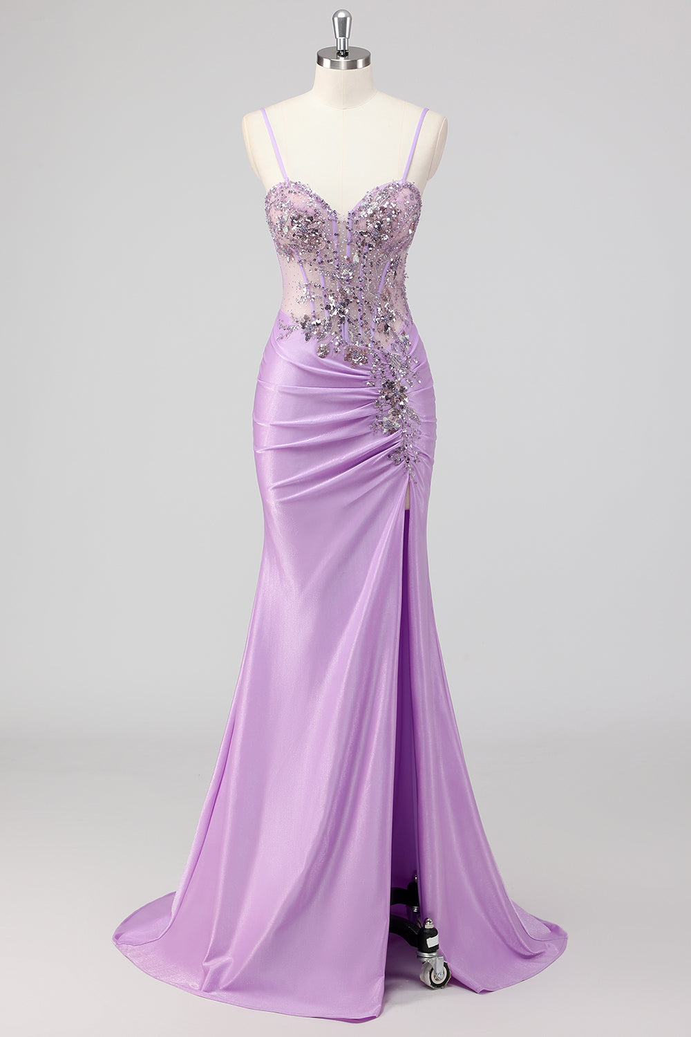 Sparkly Grey Green Mermaid Strapless Sequin Corset Ruched Long Prom Dress with Slit
